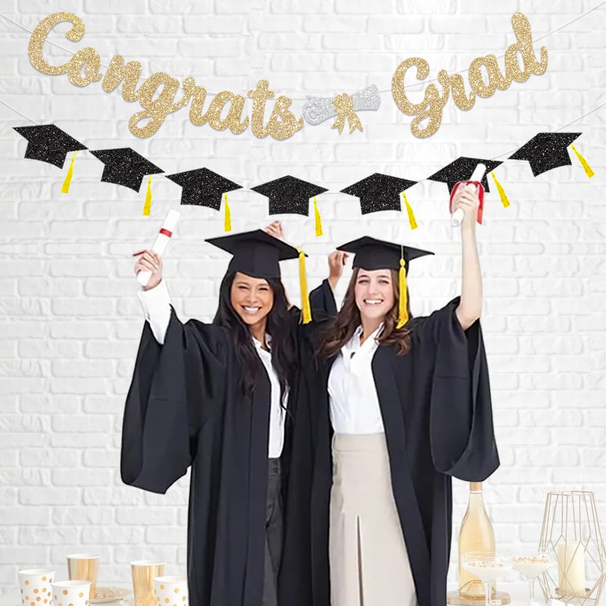 Glitter Gold Congrats Grad Decorations Banner Graduation Decorations Class of 2024 Banner Black Glitter Congrats Grad Graduation with Tassel Party Decor College High School Graduation Party Favors