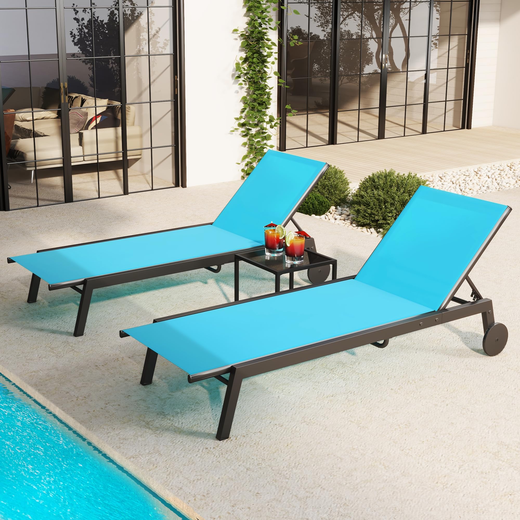 YITAHOME Patio Chaise Lounge Set of 3, Outdoor Lounge Chairs with Side Table, Adjustable Backrest Poolside Loungers with Wheels for Pool Beach Patio Lawn Porch - Blue