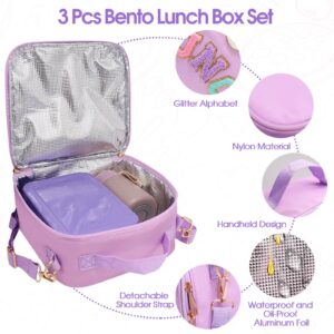 Preppy Lunch Box for Girls with 10oz Thermo, with 6 Compartment Bento Box, Purple Nylon Insulated Lunch Bag Adjustable Strap for Girl Kids Teens School Travel Picnic