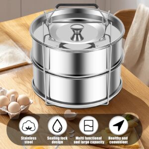 KOUISYY Stackable Steamer Insert Pans, 2 Tier Stainless Steel Pot-in-Pot Insert Steamer Pot, Stackable Steamer Pot with Handle & Lid, Pressure Cooker Accessories for 6/8Qt Pot Cooking Baking