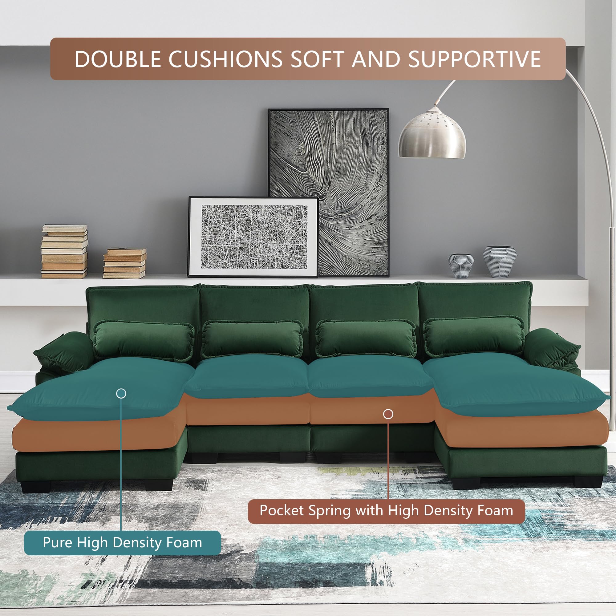 Suheww 109.8" U Shaped Sectional Sofa Cloud Couch, Modern Velvet U Shaped Couch, Large Modular Sleeper Sofa with Double Chaise for Living Room Apartment Guest Room Green