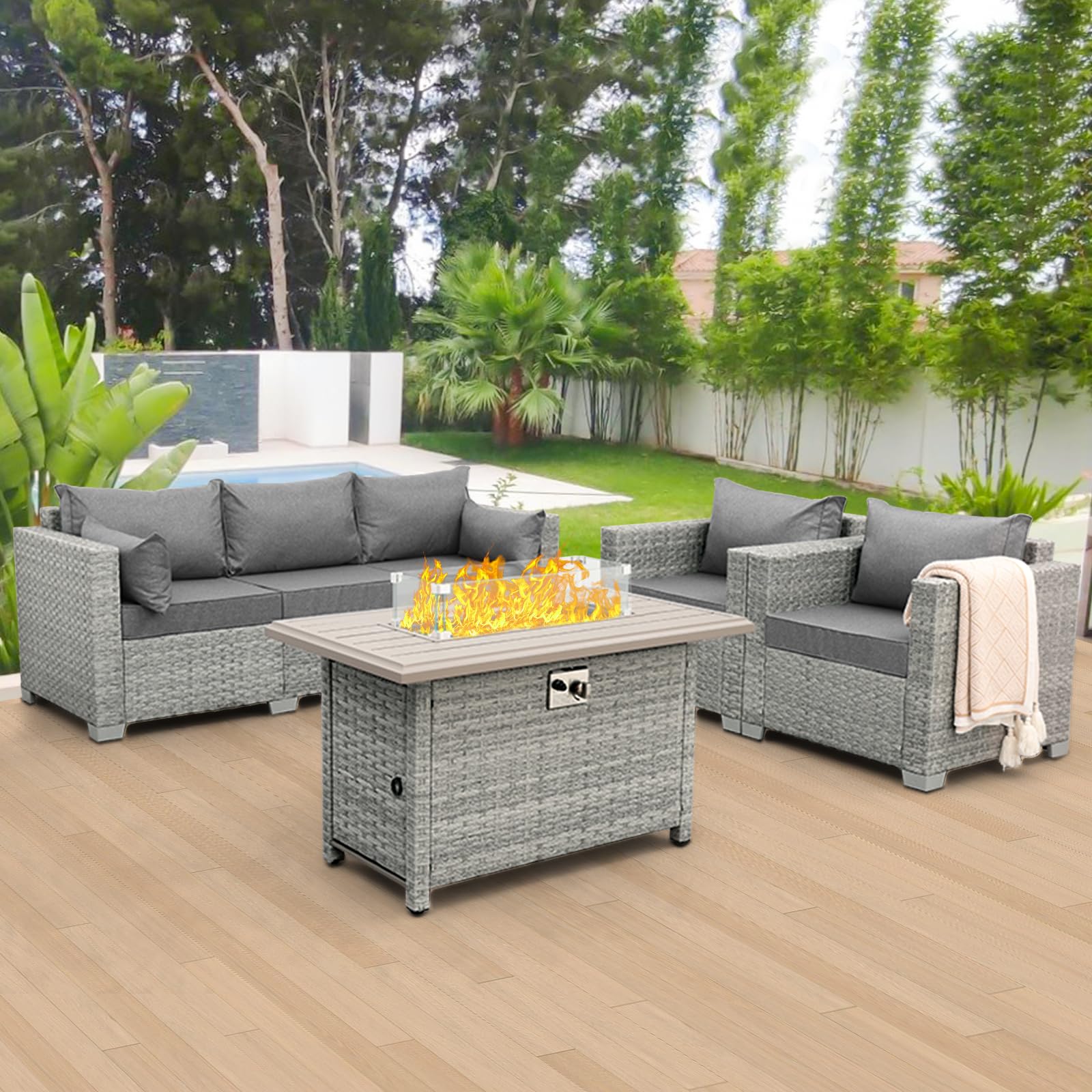 WAROOM Outdoor Patio Furniture Set 4 Piece Wicker Furniture Patio Conversation Sets PE Rattan Patio Chairs Couch Sectional Sofa with Fire Pit Table, Grey Cushion