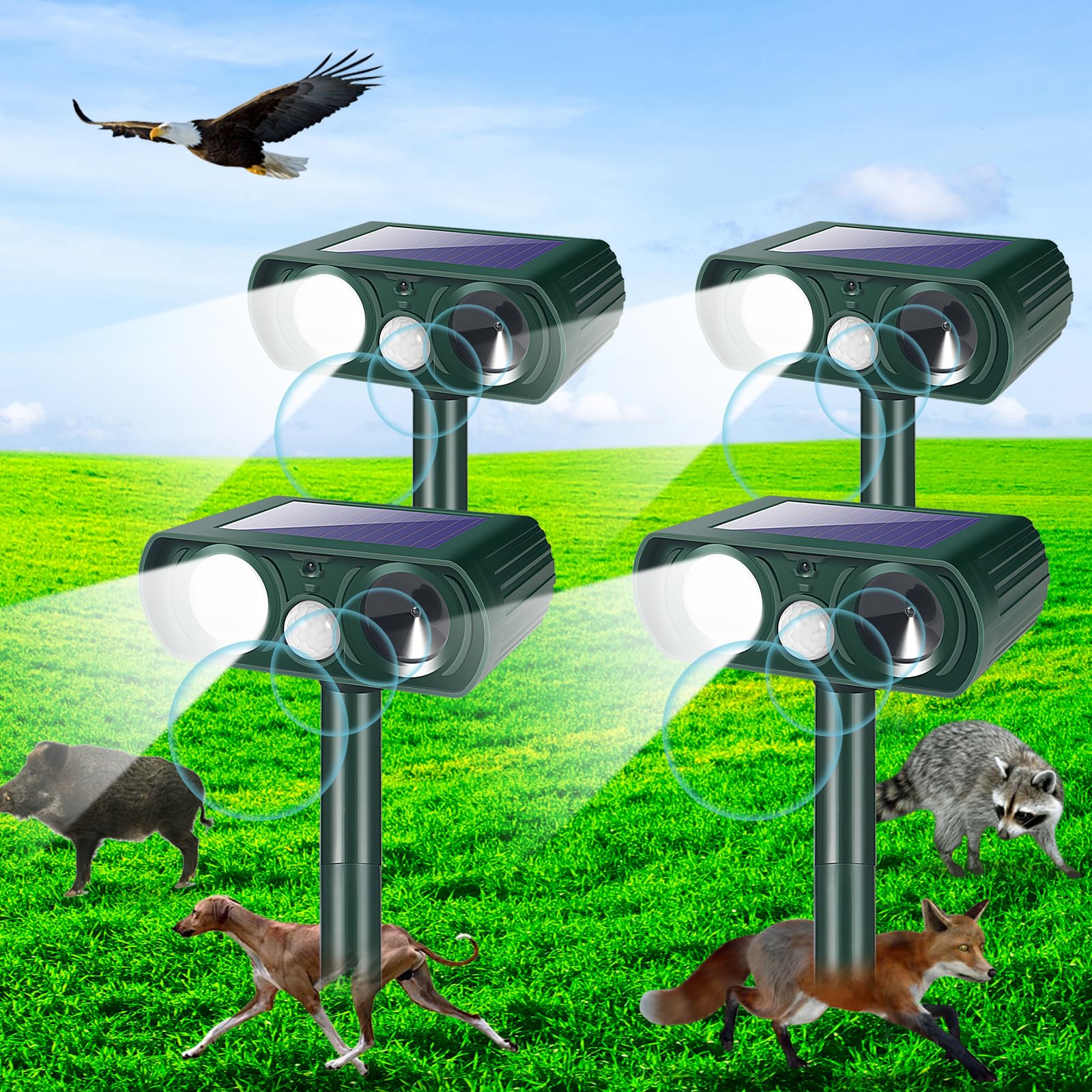 4 Pack Solar Animal Repellent Ultrasonic Cat Repellent Outdoor Deer Repellent with Motion Sensor & Strobe Light Animal Deterrent Solar Animal Repeller Repel Squirrel Rabbit Raccoon Skunk Out of Yard