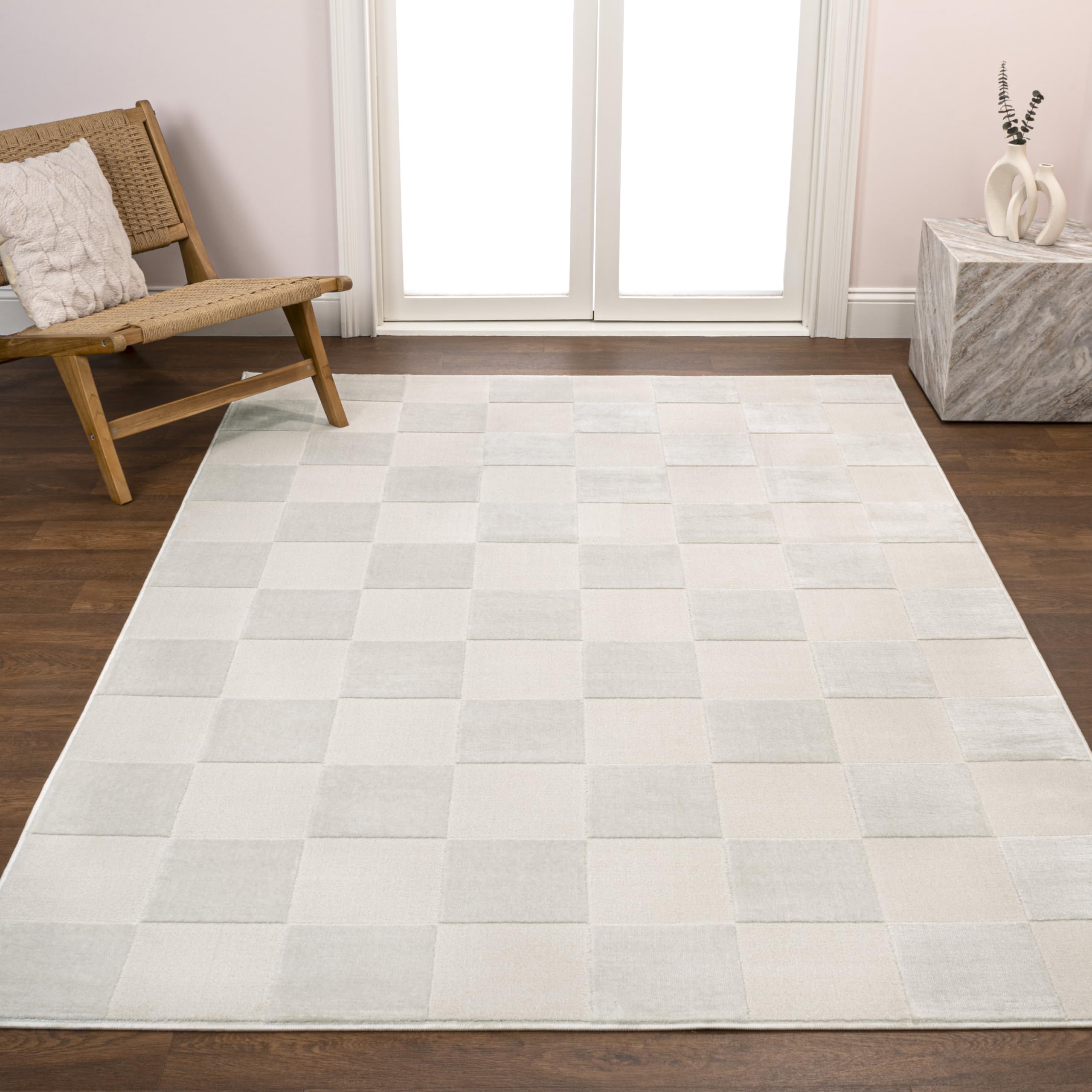 JONATHAN Y SND103B-8 Thea Modern Geometric Checkerboard High-Low White/Cream 8 ft. x 10 ft. Area Rug, Easy-Cleaning, Pet-Friendly for Bedroom, Living Room, Kitchen, Office, Non-Shedding