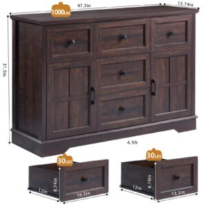 KHLJJU 5+2 Cherry Dresser for Bedroom, Chest of Drawers for Bedroom with 5 Wooden Drawers and 2 Cross Doors, Wood Dressers Storage TV Stand for Bedroom, Living Room