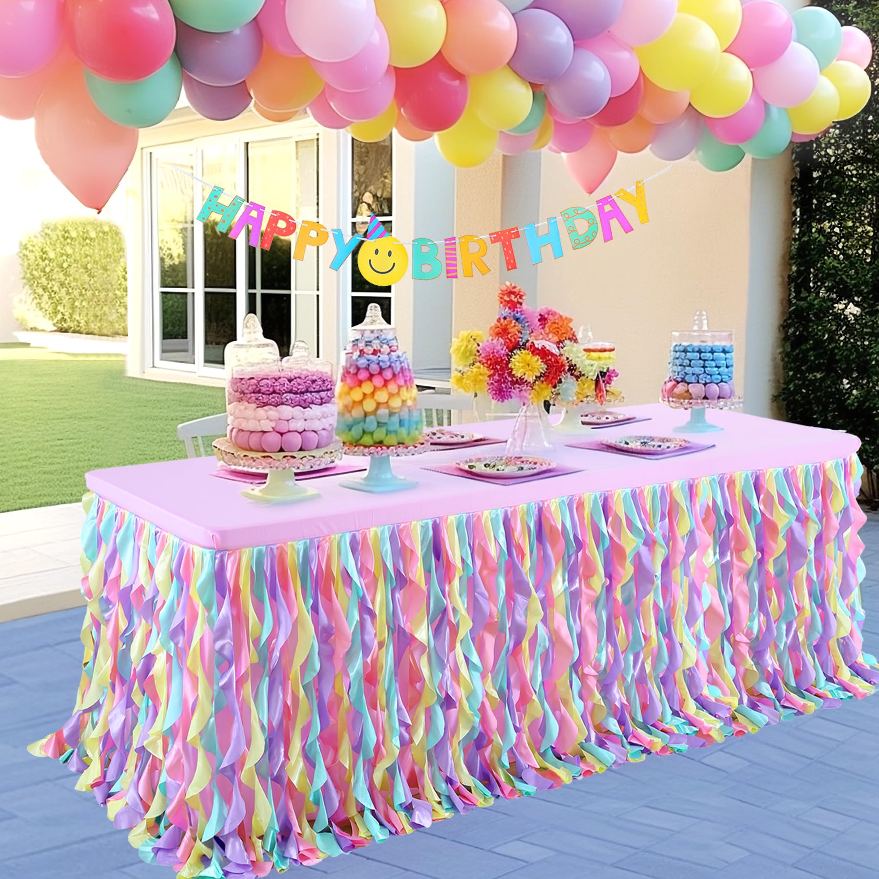 gogoparti Pastel Rainbow Tablecloth for 6 ft Rectangle Table Pastel Rainbow Ruffle Tulle Table Skirt for Unicorn Theme Birthday Party Decoration