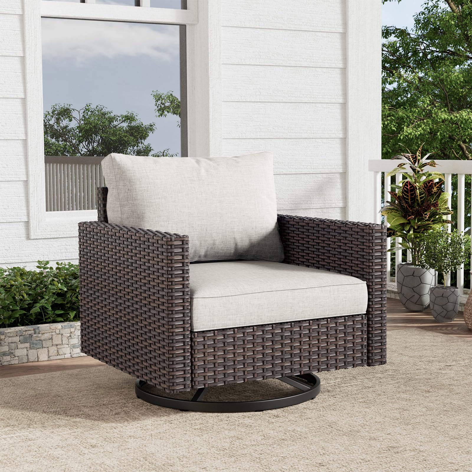 HUMMUH Outdoor Swivel Chairs,PE Wicker Patio Furniture Rocker Glider Chairs for Porch Balcony Deck Garden