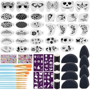 34+28pcs face paint stencils kit, suboyica 34 pcs plastic facial painting stencils reusable body paint templates for party halloween face makeup stencils with brushes, sponge, stickers, diamond