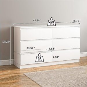 Vibe & Dine White Dresser 6 Drawer, Modern Double Dresser for Bedroom, Wood Chest of Drawers with Wide Storage for Living Room