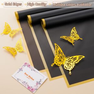 XIRTAIOV 20 Sheets Flower Wrapping Paper, Waterproof Floral Bouquet Wrapping Paper with 3D Butterflies and Greeting Cards, Florist Supplies Packaging Paper for Wedding Birthday Gift DIY (Black)