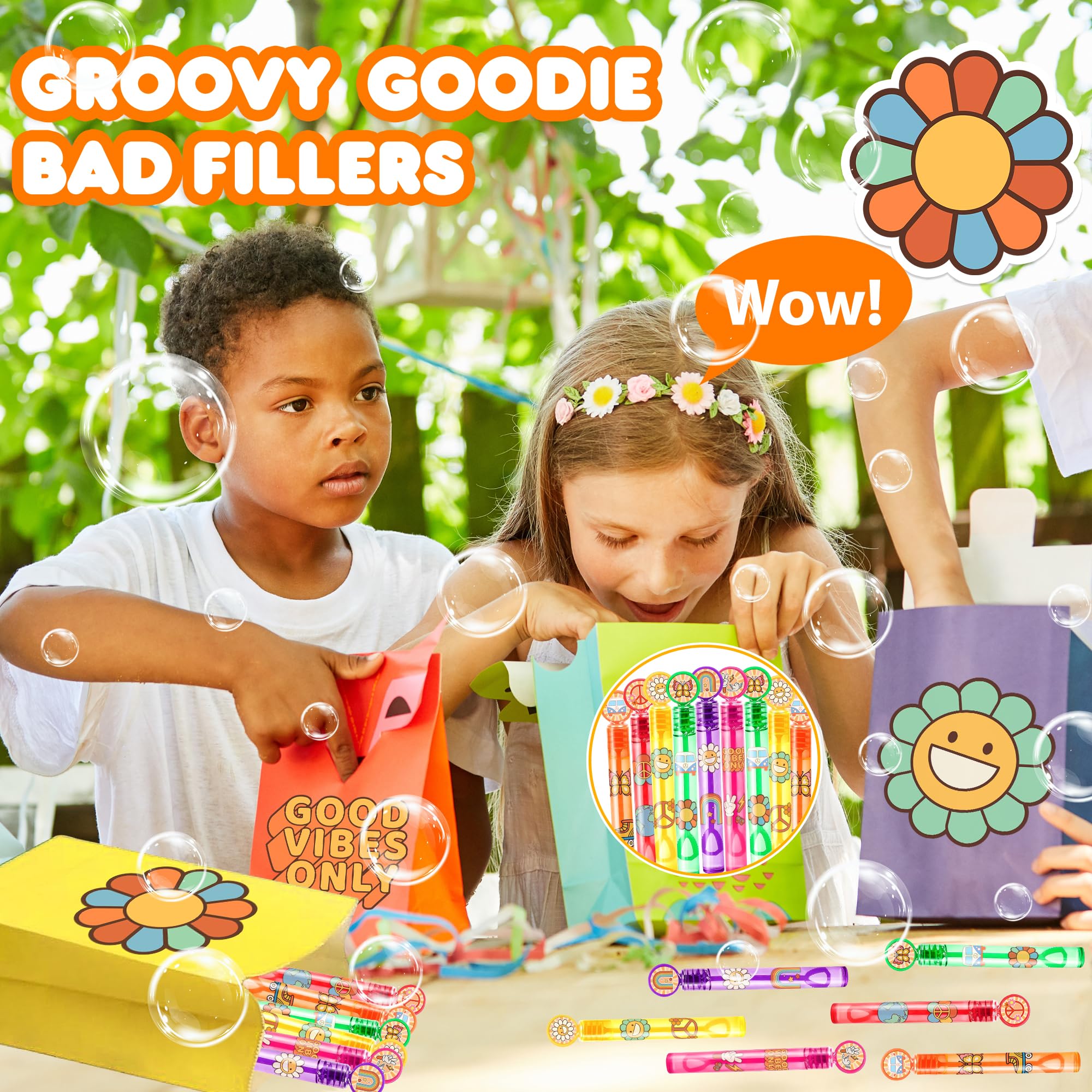 24PCS Groovy 70s DIY Bubble Wands Party Favors 96PCS Stickers for Goodie Bag Fillers Pinata Stuffers Mini Bubble Bulk Birthday Party Supplies Toys Gifts Class Prizes Toddlers Boys Girls