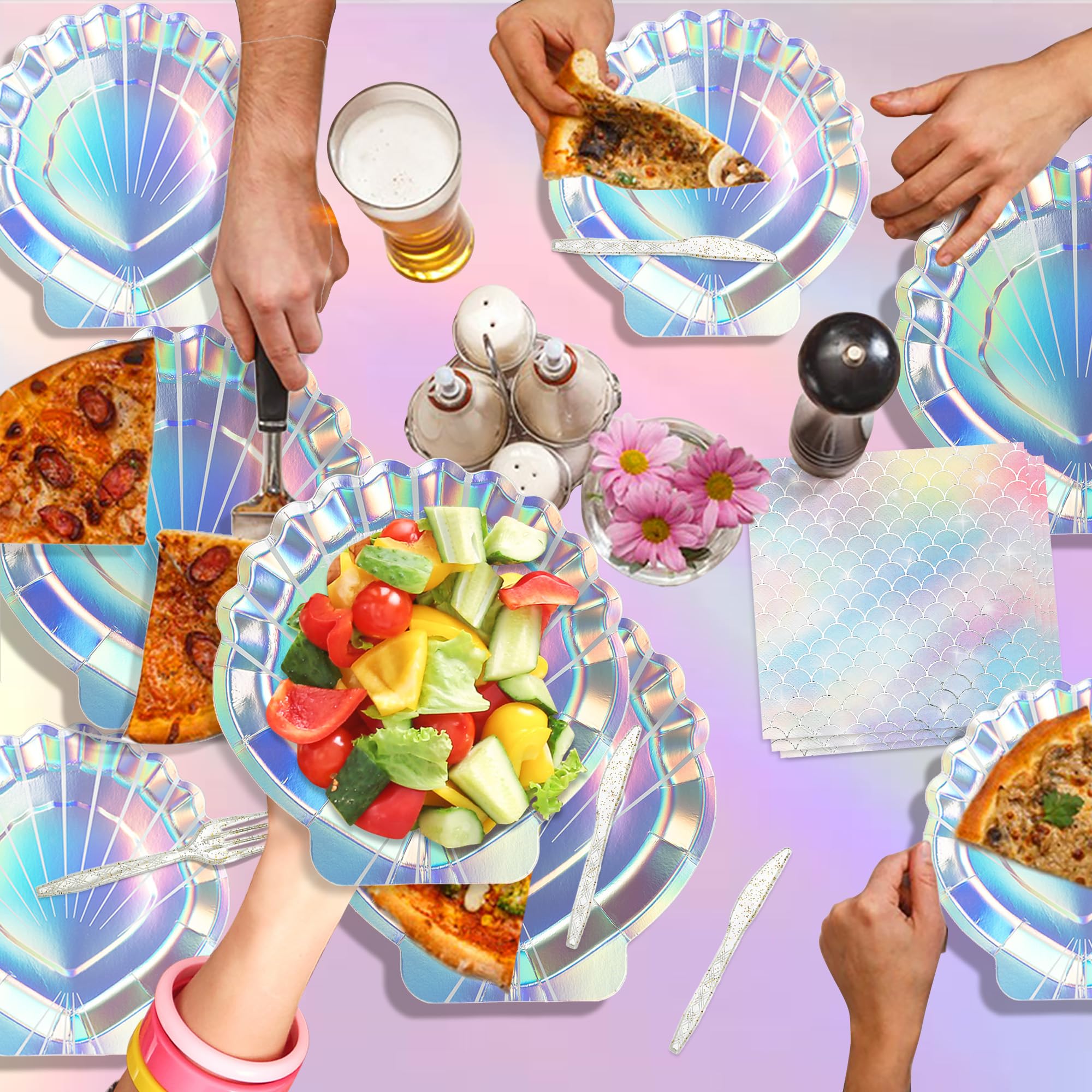 122PCS Mermaid Party Supplies for Girls Baby Shower Birthday Party Under the Sea Little Mermaid Themed Decor Iridescent Shell Plates Napkins Cups Knives Forks Tablecloths Banners Serves 20 Guests