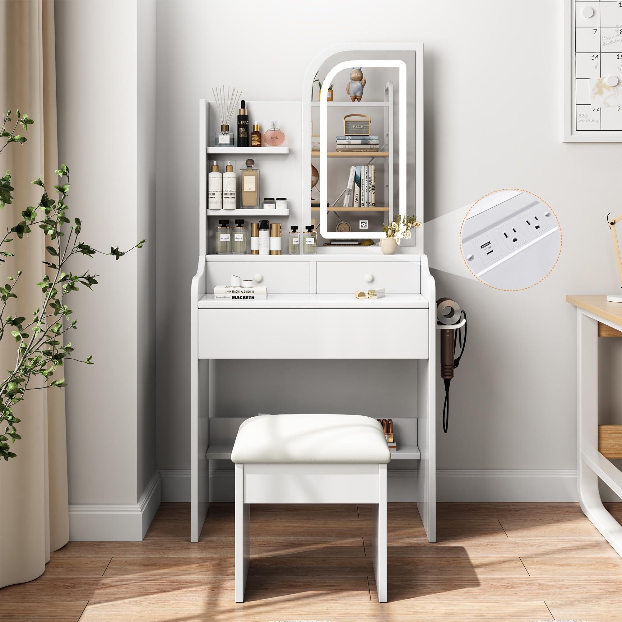 23.6" Small White Vanity Desk with Mirror and Lights, Vanity Set with Charging Station+Ottoman+Large Mirror with Streamlined Design+3 Sliding Drawers+3 Shelves+Adjustable Light, for Apartment Bedroom