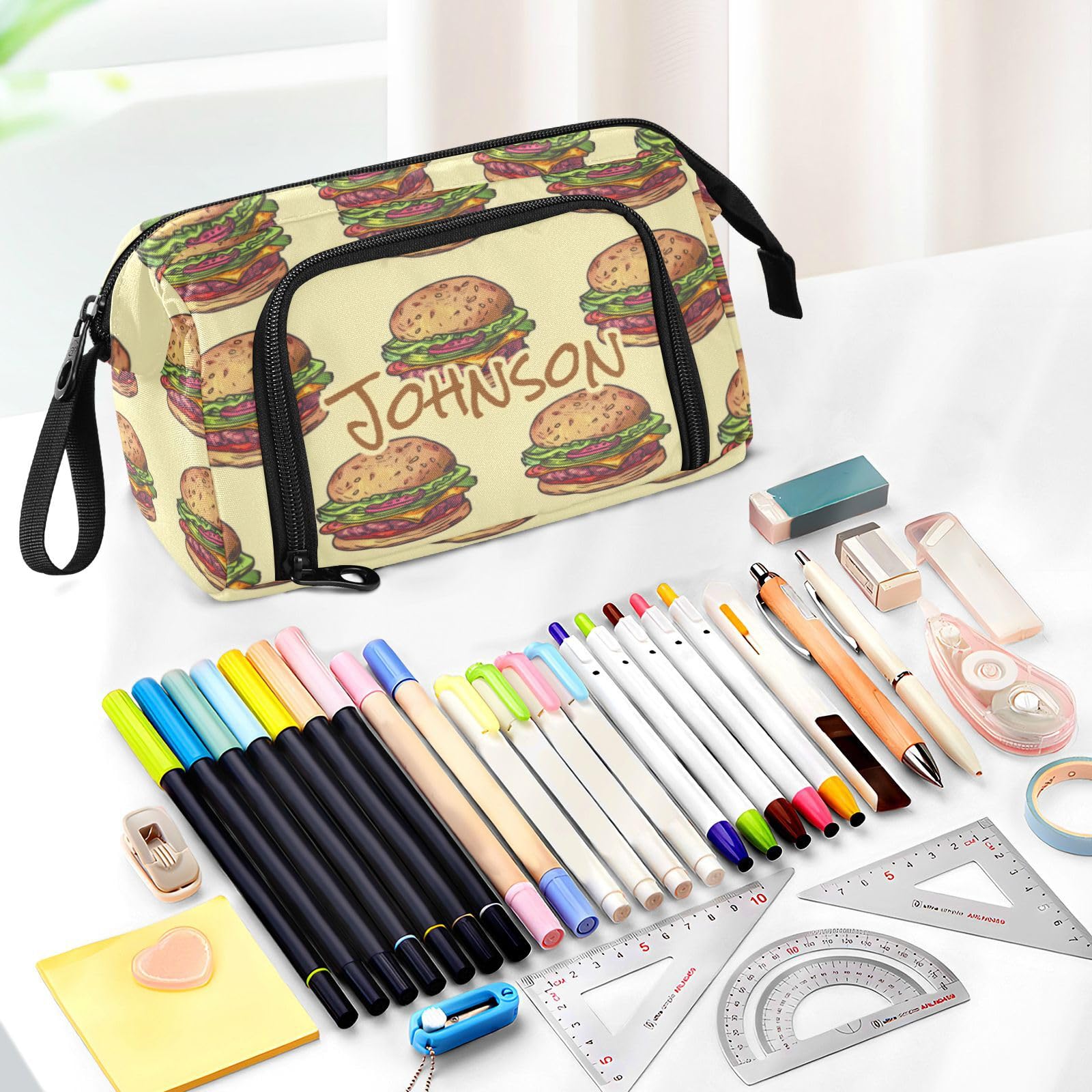 Vnurnrn Hamburgers Custom Pencil Case with Zippers Personalized Pen Pencil Pouch Bag for School Stationery Supplies