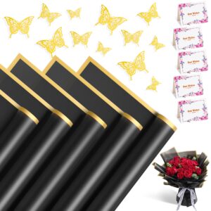 xirtaiov 20 sheets flower wrapping paper, waterproof floral bouquet wrapping paper with 3d butterflies and greeting cards, florist supplies packaging paper for wedding birthday gift diy (black)