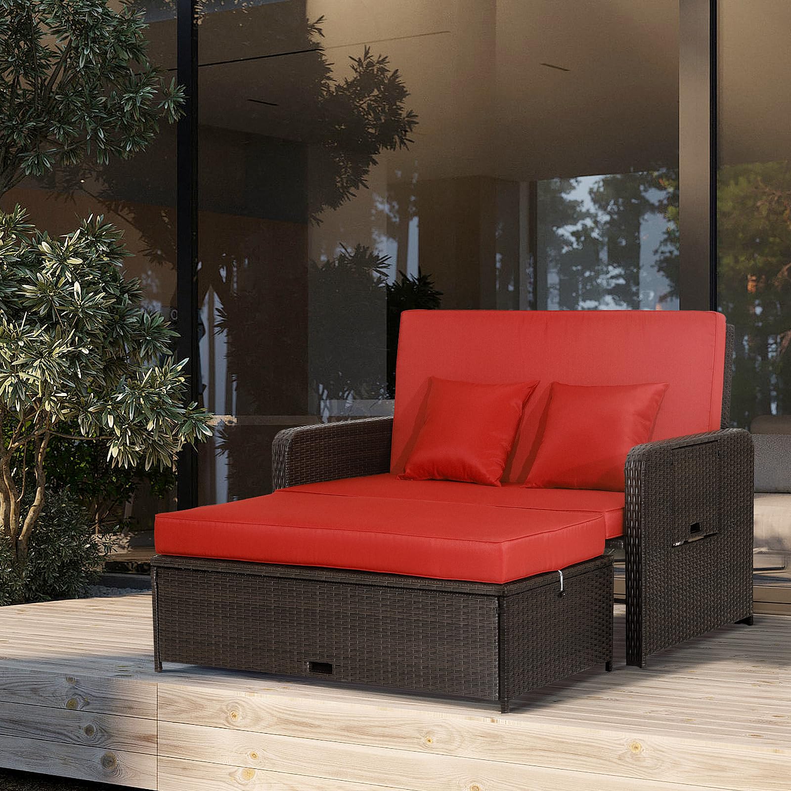 LDAILY Moccha Outdoor Daybed, Wicker Loveseat Sofa Set with 4-Postion Adjustable Backrest, Storage Ottoman, Cushions, Rattan Double Bed Lounger, Patio Furniture Set (Red)