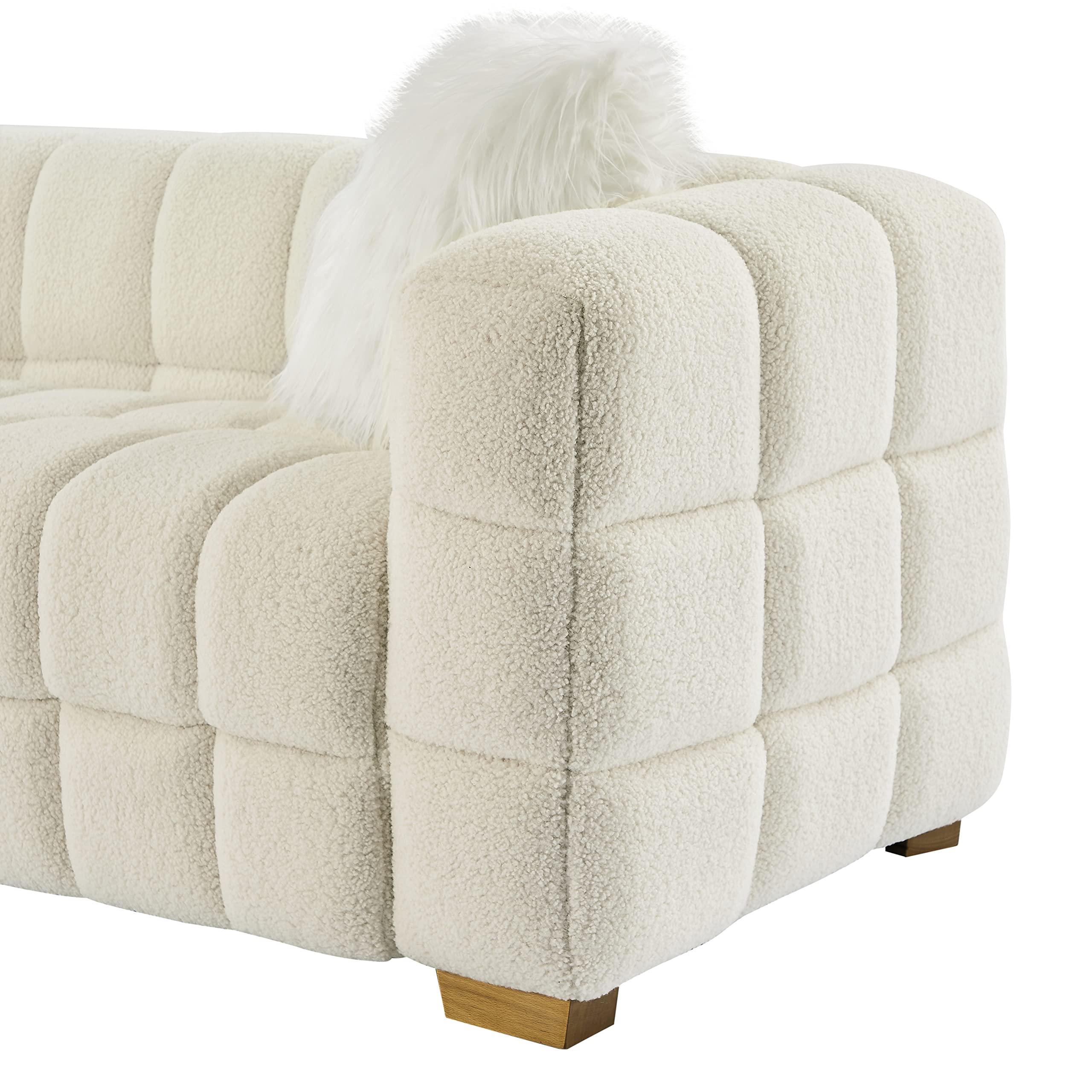 3 Seater Boucle Upholstered Loveseat Sofa Couch, Teddy Fleece Deep-Seat Cloud Modular Couch with Metal Golden Legs and Decor Pillows, Minimalist Style Oversized Love Seat for Living Room, Office