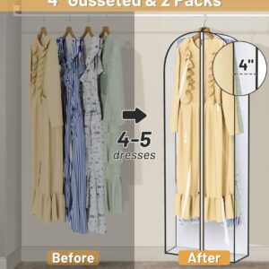 MISSLO 65" Clear Garment Bags for Hanging Clothes 4" Gusseted Dress Bags for Gowns Long Dress Cover for Closet Storage Dress Protector Bag, 2 Packs