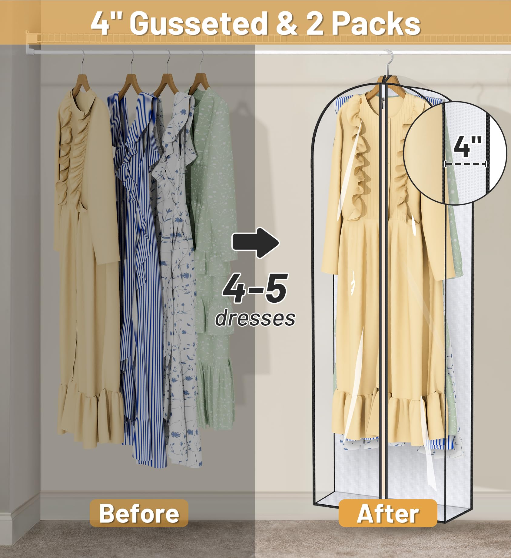 MISSLO 65" Clear Garment Bags for Hanging Clothes 4" Gusseted Dress Bags for Gowns Long Dress Cover for Closet Storage Dress Protector Bag, 2 Packs