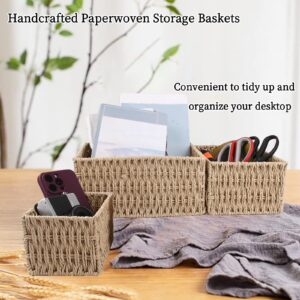 CrafArcher Paper Woven Storage Baskets Iron Frame Desk Organizers, Set of 3