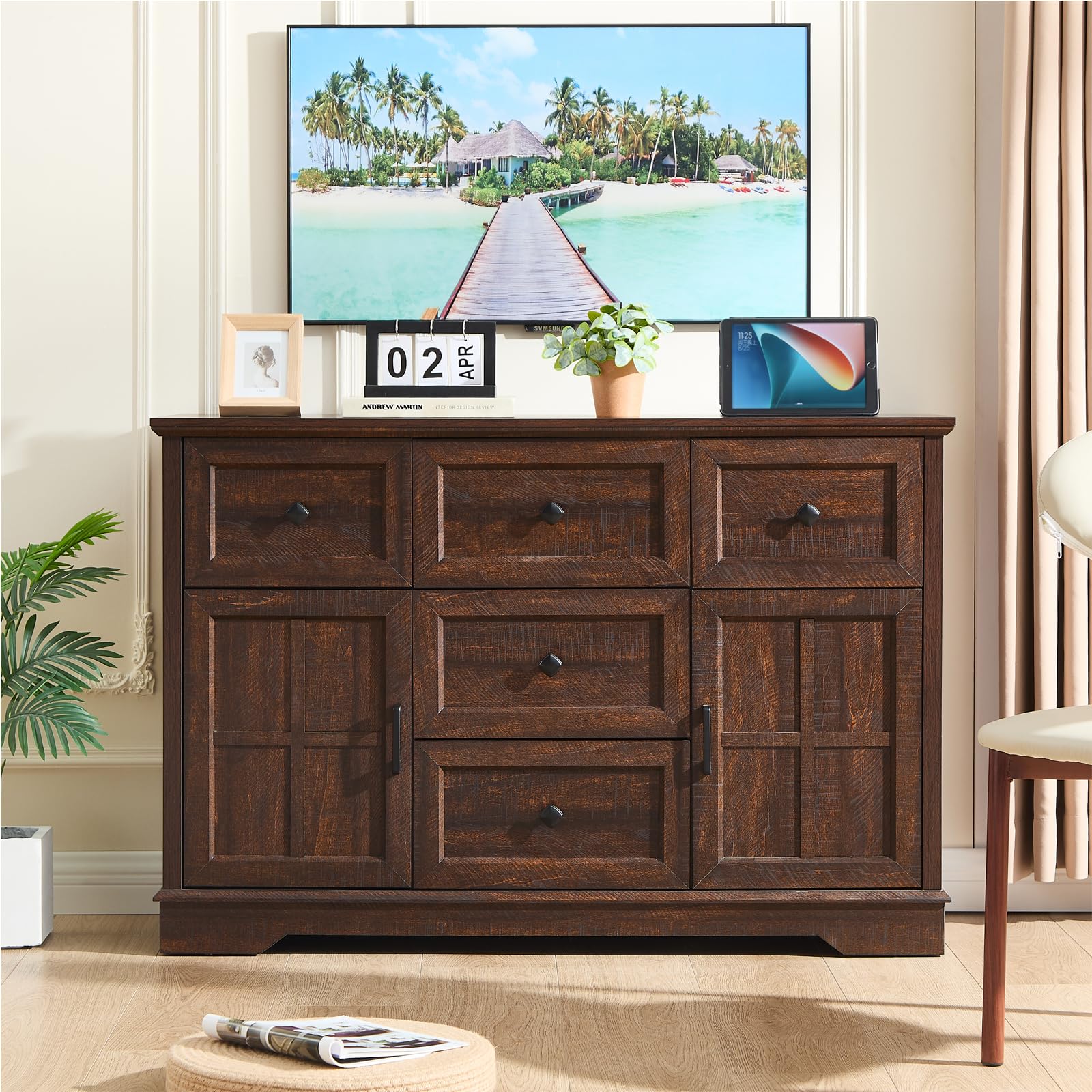 KHLJJU 5+2 Cherry Dresser for Bedroom, Chest of Drawers for Bedroom with 5 Wooden Drawers and 2 Cross Doors, Wood Dressers Storage TV Stand for Bedroom, Living Room