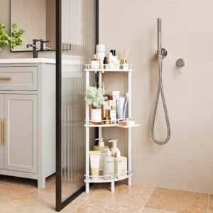 ELYKEN Corner Shower Caddy Standing, 3 Tier Rustproof Metal Shower Organizer with Soap Holder, Floor Shower Corner Shelf Rack Storage Stands with Adjustable Feet & 2 Hooks for Bathroom, White