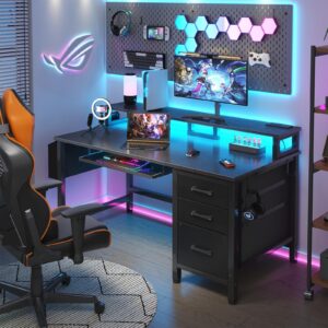 Lufeiya Gaming Desk with LED Lights and Power Outlets, 47 Inch Home Office Desks with Keyboard Tray, Computer Desk with File Drawers Cabinet, Writing Table PC Desks with Monitor Stand, Black