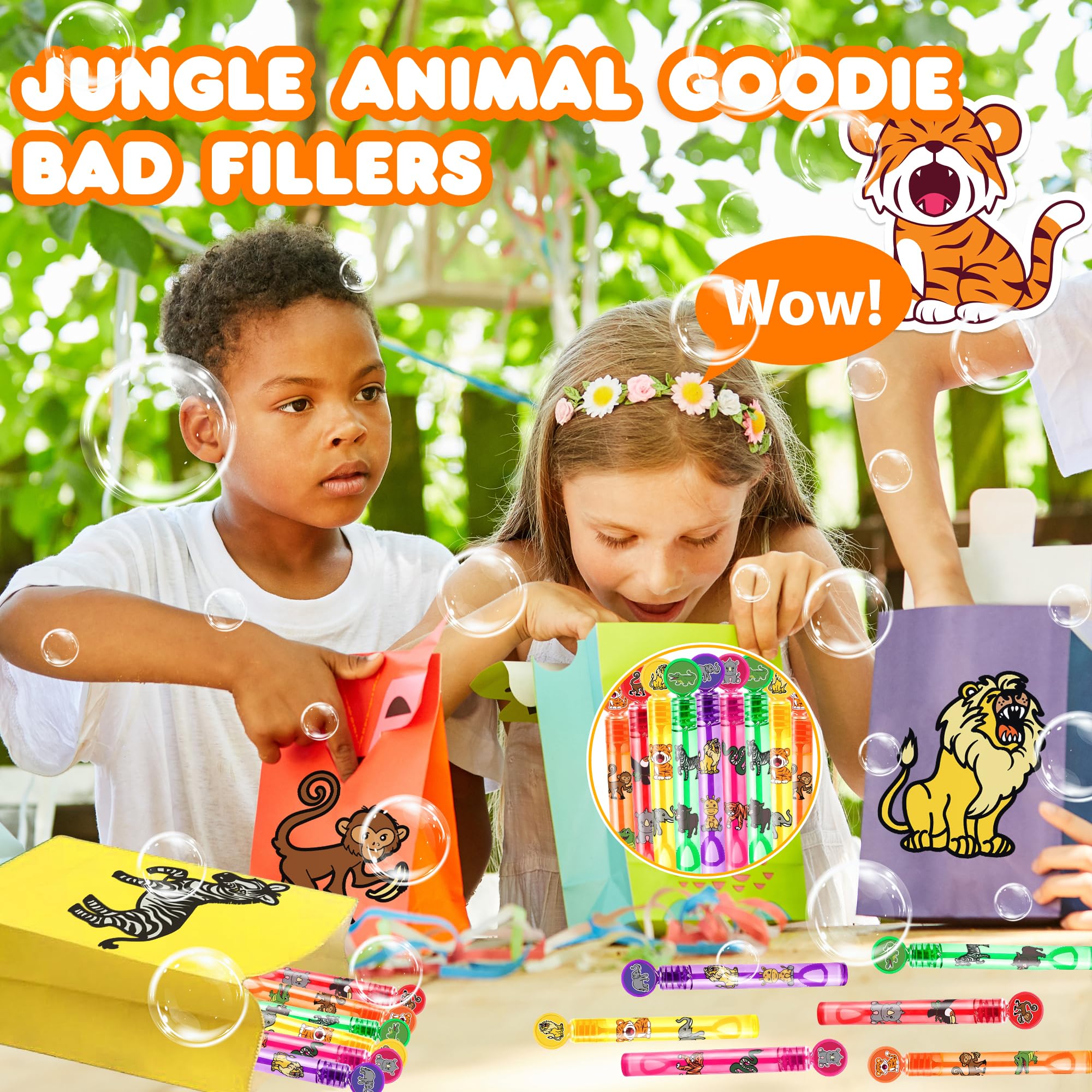 24PCS Jungle Safari DIY Bubble Wands Party Favors 96PCS Stickers for Goodie Bag Fillers Pinata Stuffers Mini Bubble Bulk Zoo Birthday Party Supplies Toys Gifts Class Prizes Toddlers Boys Girls