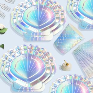 122PCS Mermaid Party Supplies for Girls Baby Shower Birthday Party Under the Sea Little Mermaid Themed Decor Iridescent Shell Plates Napkins Cups Knives Forks Tablecloths Banners Serves 20 Guests