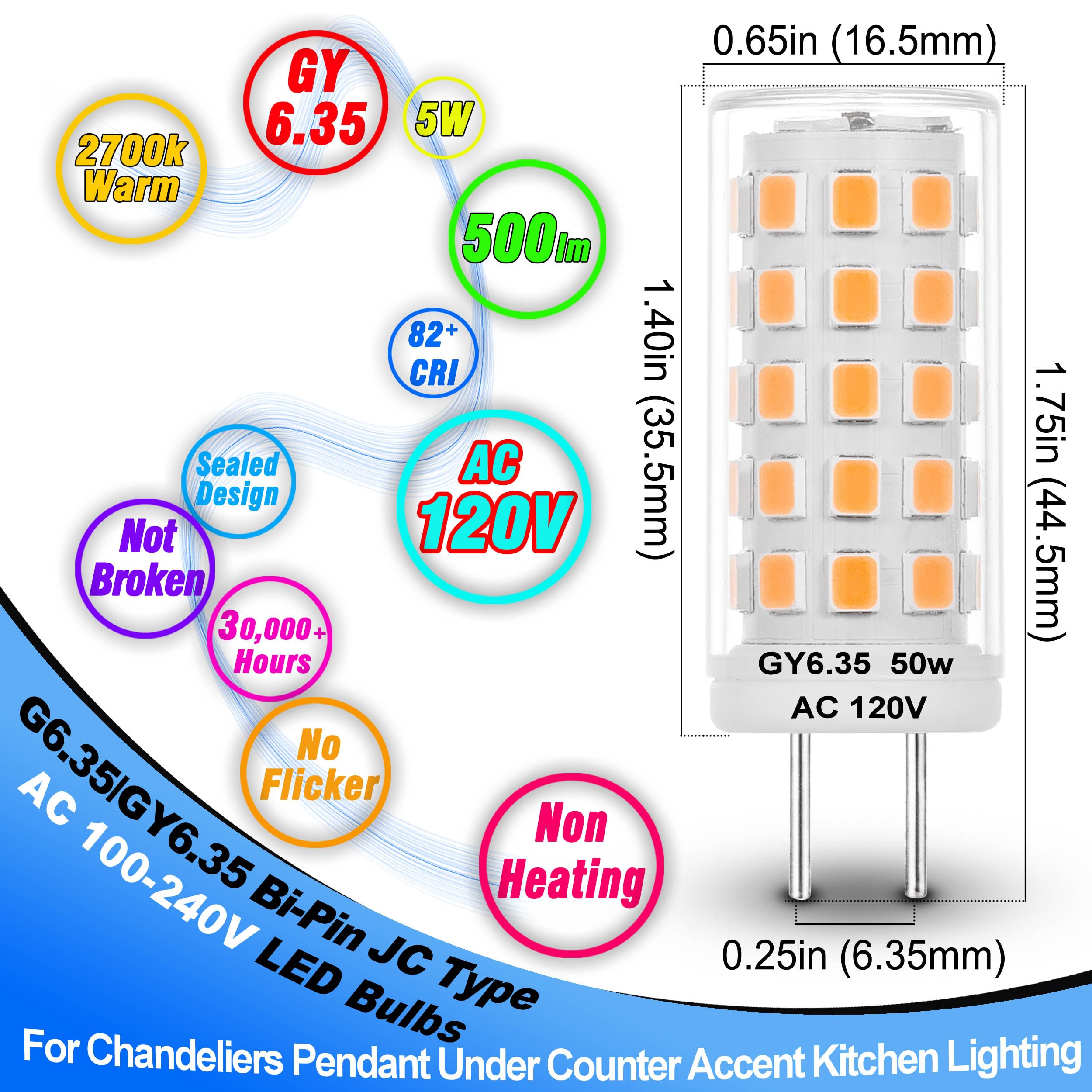 Heifymi GY6.35 LED Bulb 5W Equivanlent 50W Halgoen JC Type GY6.35/G6.35 Bi-Pin Base AC 100-240V Warm White 2700K for Chandeliers Pendant Under Counter Accent Kitchen Lighting, Non-Dimmable, 4 Pack