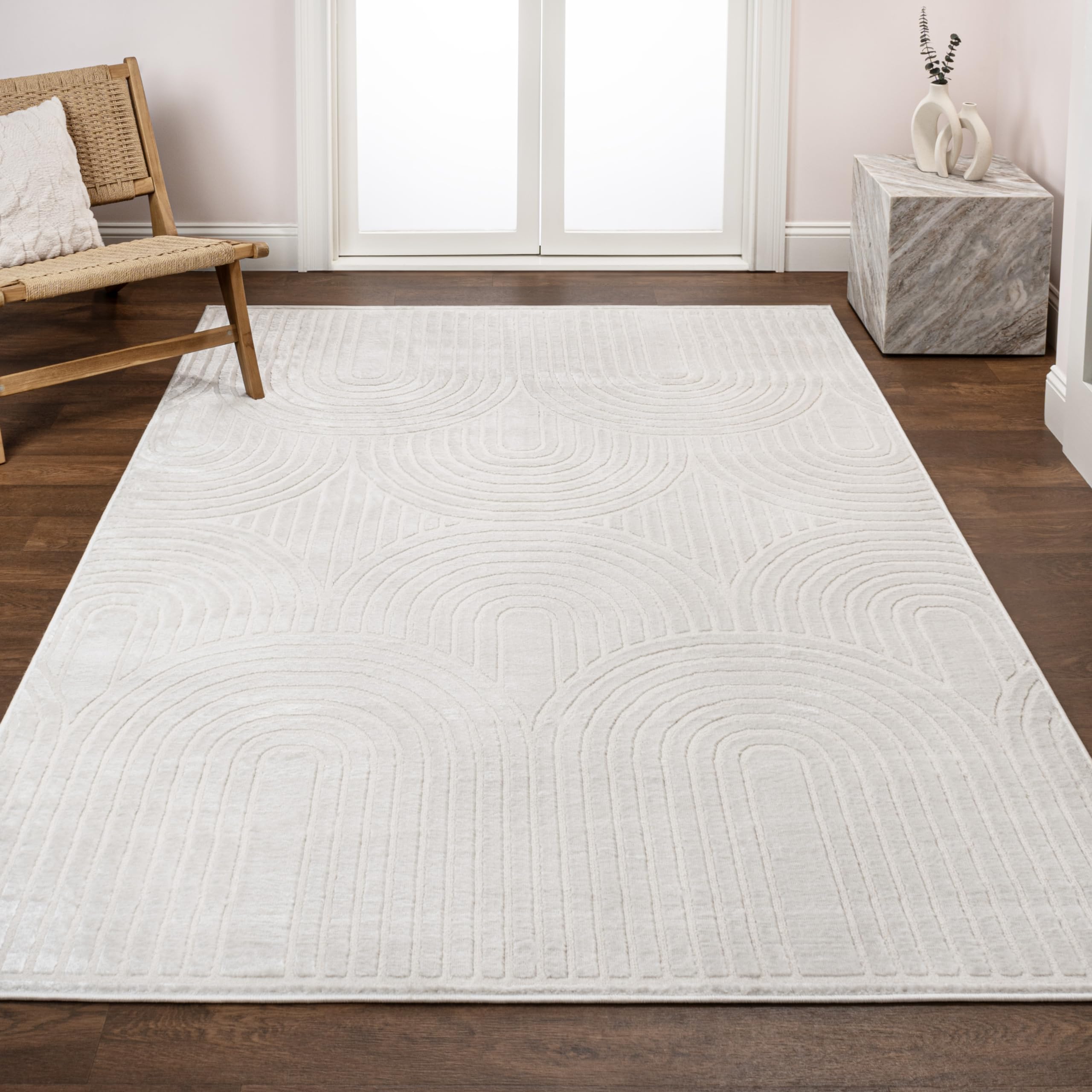 JONATHAN Y SND100B-8 Ariana Mid-Century Art Deco Striped Arches Two-Tone High-Low White/Cream 8 ft. x 10 ft. Area Rug, Easy-Cleaning, Pet-Friendly for Bedroom, Living Room, Kitchen, Office