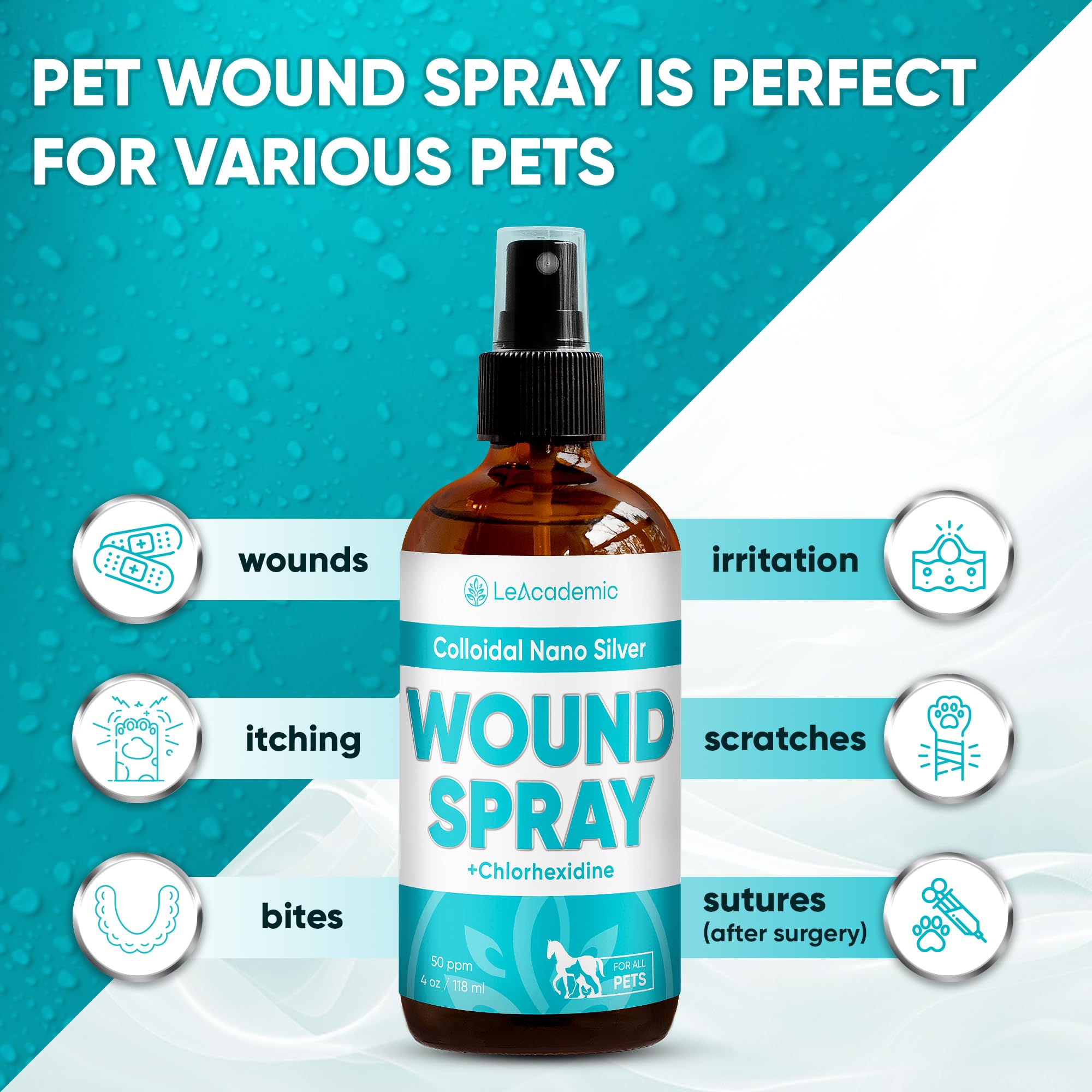 Silver Pet Wound Spray | Dog Wound Spray | Cat Wound Spray | Horse & Chicken Wound Spray + Chlorhexidine | Cat & Dog Itch Spray | Wound Spray for Cats | Wound Spray for Dogs, Cats, Horses | 4 oz