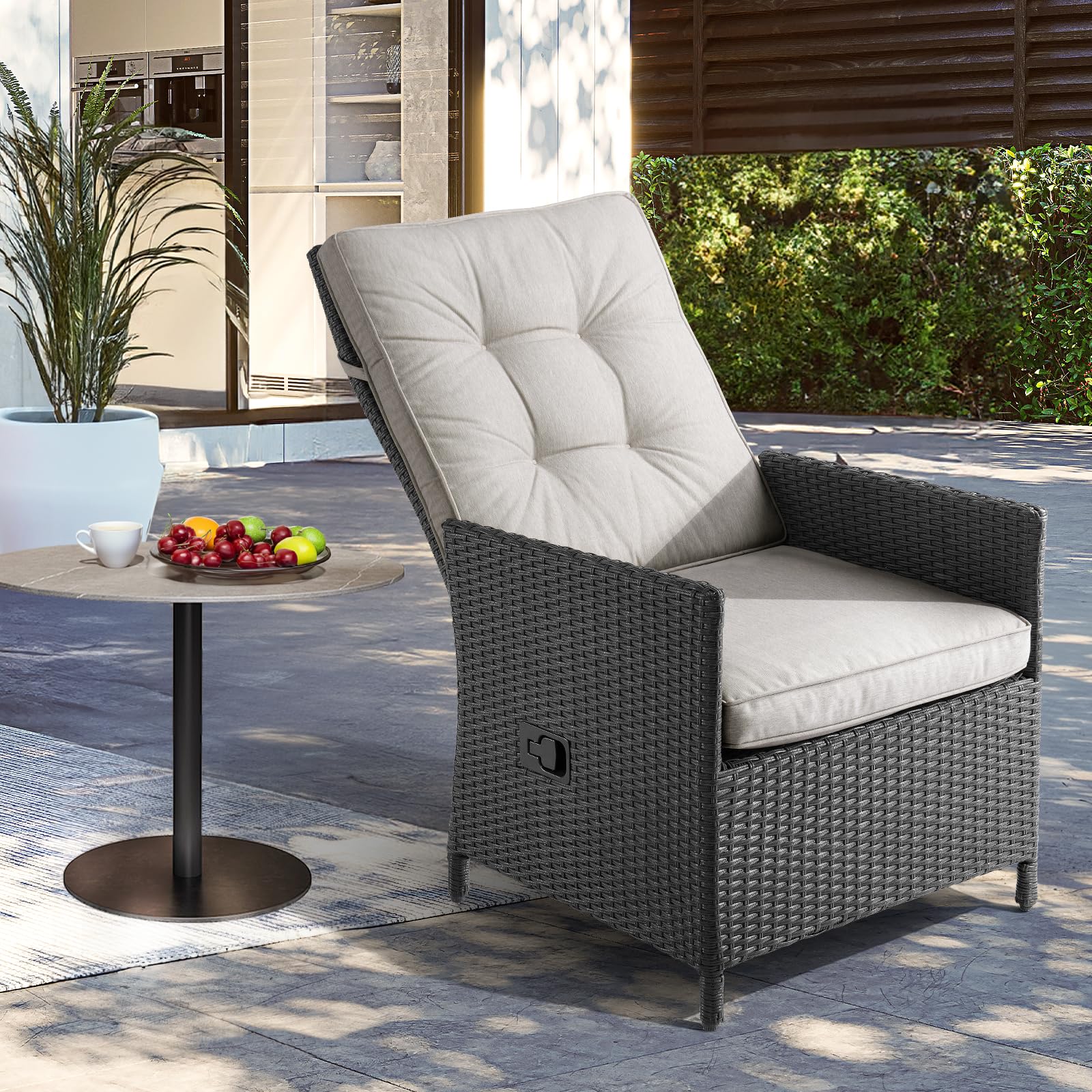 Outdoor Recliner Chair, All-Weather PE Wicker Adjustable Reclining Lounge Chair Rattan Reclining Chair with Adjustable Back and Removable Olefin Cushion for Relaxing Reading Sunbathing Napping