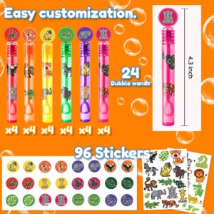 24PCS Jungle Safari DIY Bubble Wands Party Favors 96PCS Stickers for Goodie Bag Fillers Pinata Stuffers Mini Bubble Bulk Zoo Birthday Party Supplies Toys Gifts Class Prizes Toddlers Boys Girls