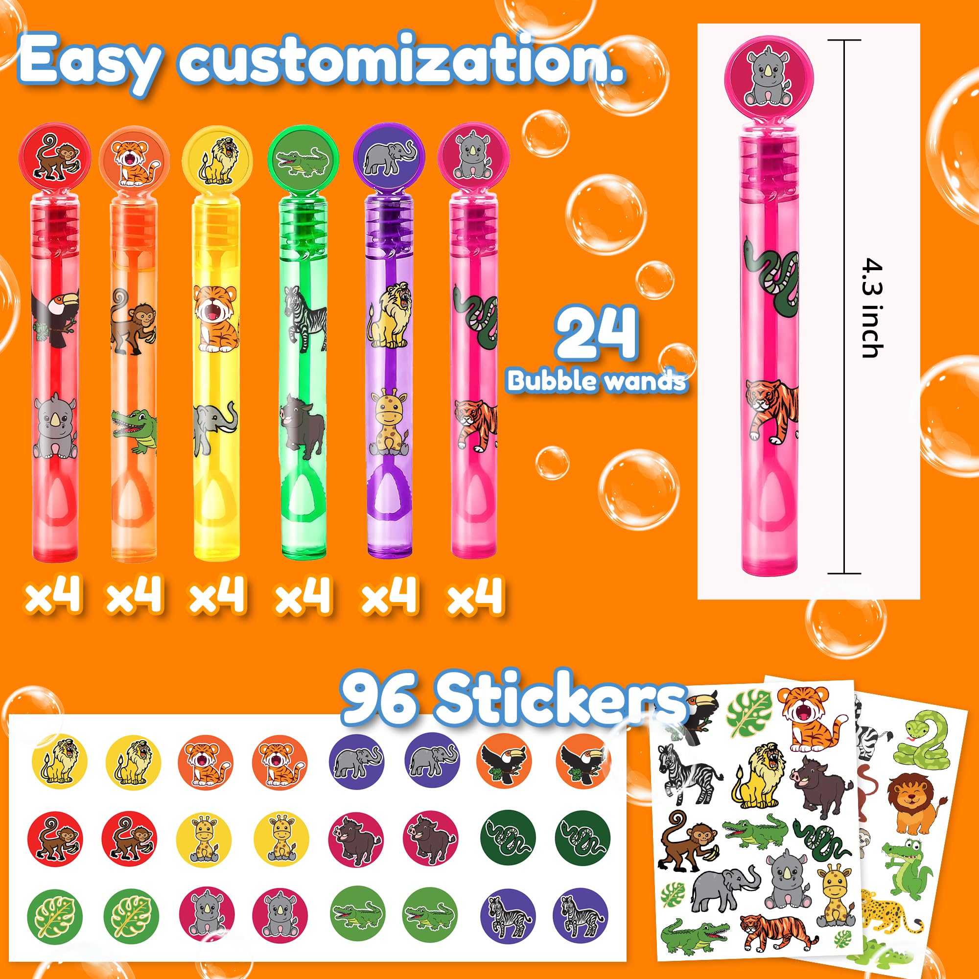 24PCS Jungle Safari DIY Bubble Wands Party Favors 96PCS Stickers for Goodie Bag Fillers Pinata Stuffers Mini Bubble Bulk Zoo Birthday Party Supplies Toys Gifts Class Prizes Toddlers Boys Girls