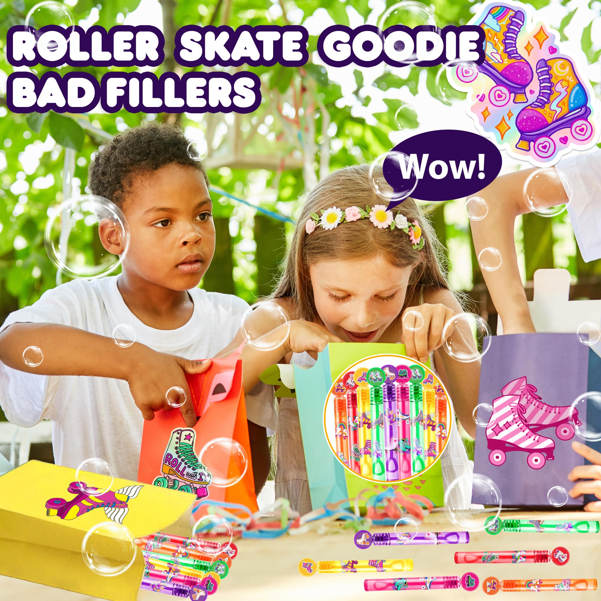 24PCS Roller Skate DIY Bubble Wands Party Favors 96PCS Stickers for Goodie Bag Fillers Pinata Stuffers, Mini Bubble Bulk Birthday Party Supplies Toys Gifts Class Prizes for Toddlers Boys Girls