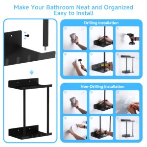 RRM Towel Racks for Bathroom, 2 Tier Wall Towel Holder, Metal Wall Towel Rack Mounted Towel Storage Towel Storage with 2 Tier Metal Shelf and 3 Hooks for Small Bathroom (Matte Black)