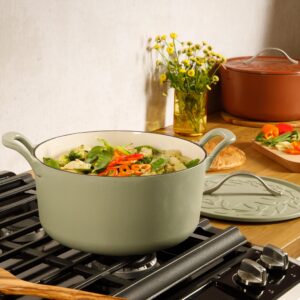 Bloomhouse 7 Qt Cast Iron Dutch Oven W/Embossed Lid, European Enamel, & Olive Wood Trivet - Matte Sage