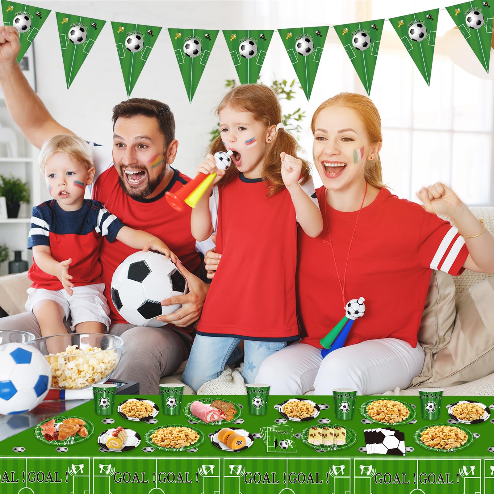 Soccer Party Decorations 98Pcs Soccer Birthday Party Decorations Suppiles Set Include Dinner Plates, Dessert Plates, Napkins, Cups, Banner and Tablecloth Soccer Theme Party Favors Kit