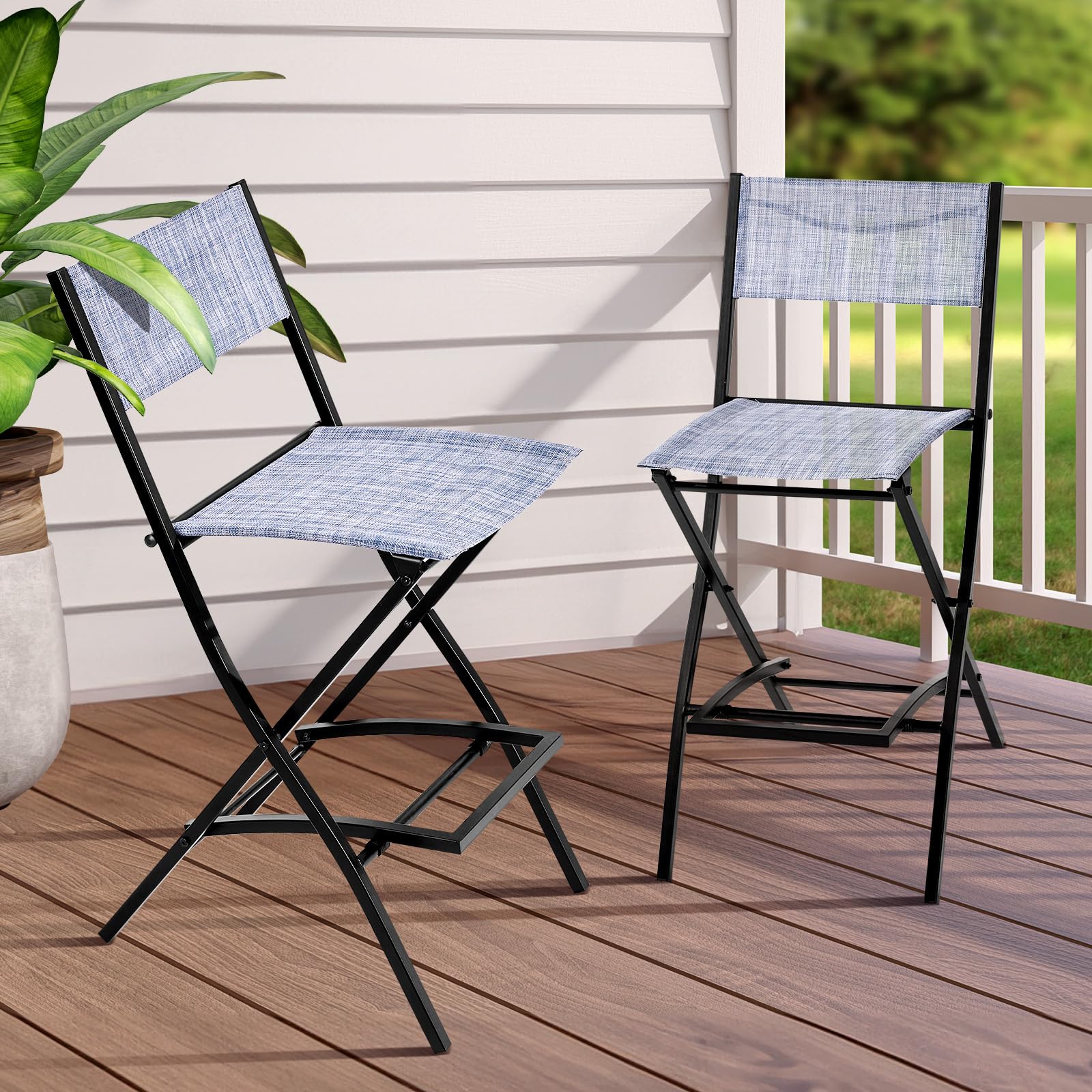 Outdoor Patio Bar Stools Set of 2, Folding Counter Height Stool with Footrest and Heavy-duty Metal Frame, Outdoor Bar Chairs with Breathable Textilene Fabric, Patio Bar Sets for Balcony, Poolside