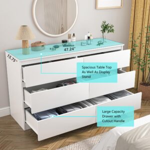 Vibe & Dine White Dresser 6 Drawer, Modern Double Dresser for Bedroom, Wood Chest of Drawers with Wide Storage for Living Room