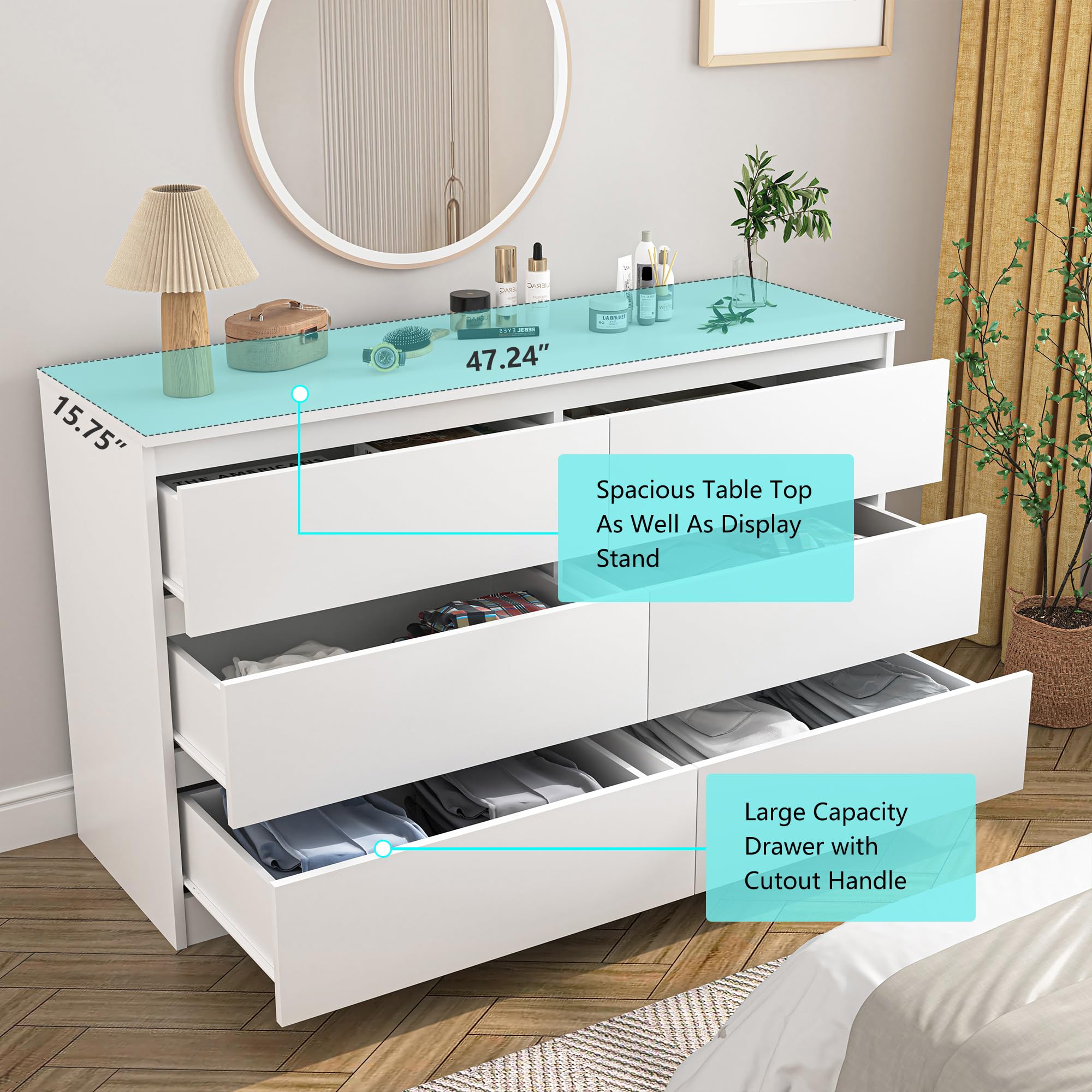 Vibe & Dine White Dresser 6 Drawer, Modern Double Dresser for Bedroom, Wood Chest of Drawers with Wide Storage for Living Room