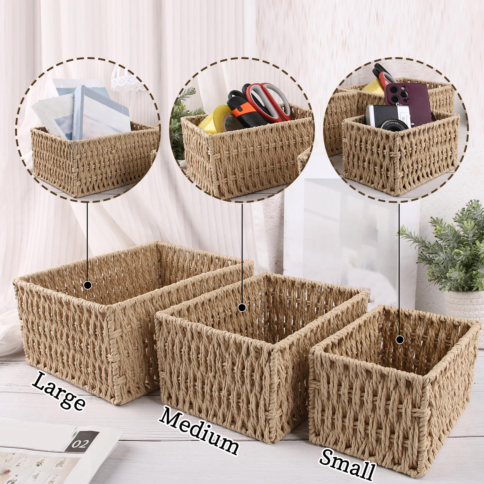 CrafArcher Paper Woven Storage Baskets Iron Frame Desk Organizers, Set of 3