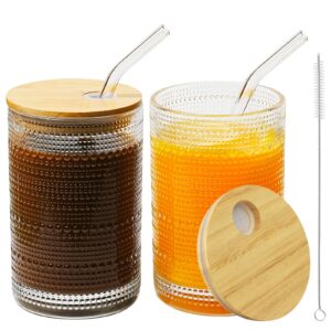 cwhhrn 15oz glass cup with lid and straw, vintage embossed glassware for whiskey cocktail beer, iced coffee cups with lid, glass tumbler with straw and lid (2 pack)