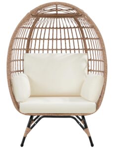 yaheetech egg rattan chair, indoor/outdoor pe rattan egg basket lounge chair w/ 4 cushions, oversized egg-shaped chair w/metal frame stand for patio, backyard, living room - light brown/ivory