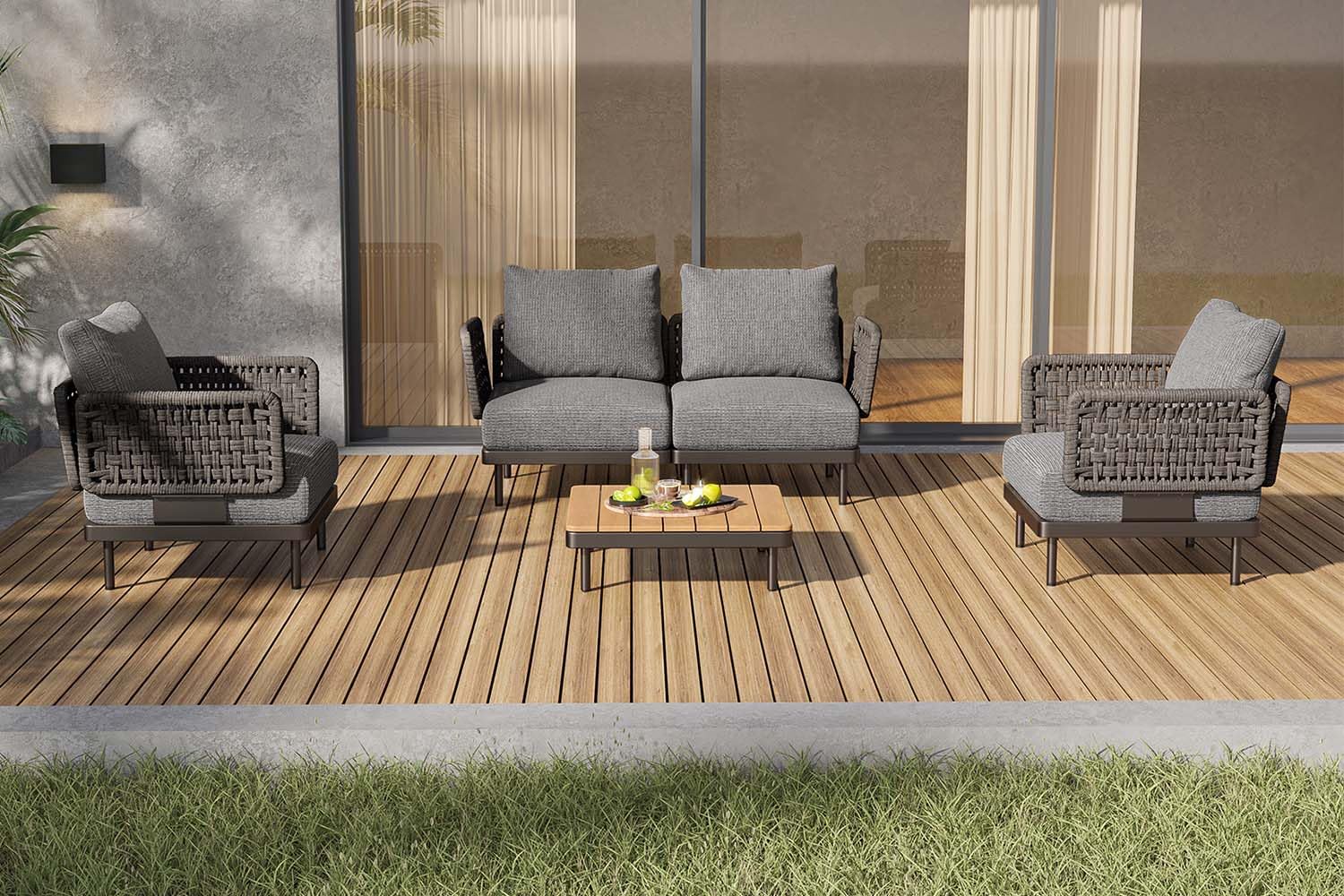 WOWT Patio Outdoor Furniture,Modular Sectional Outdoor Sofa Set with Patio Shelf,5 Pieces Patio Conversation Set Outdoor Couch with Rattan Weaving Armrests for Garden,Living Room,Deep Gray