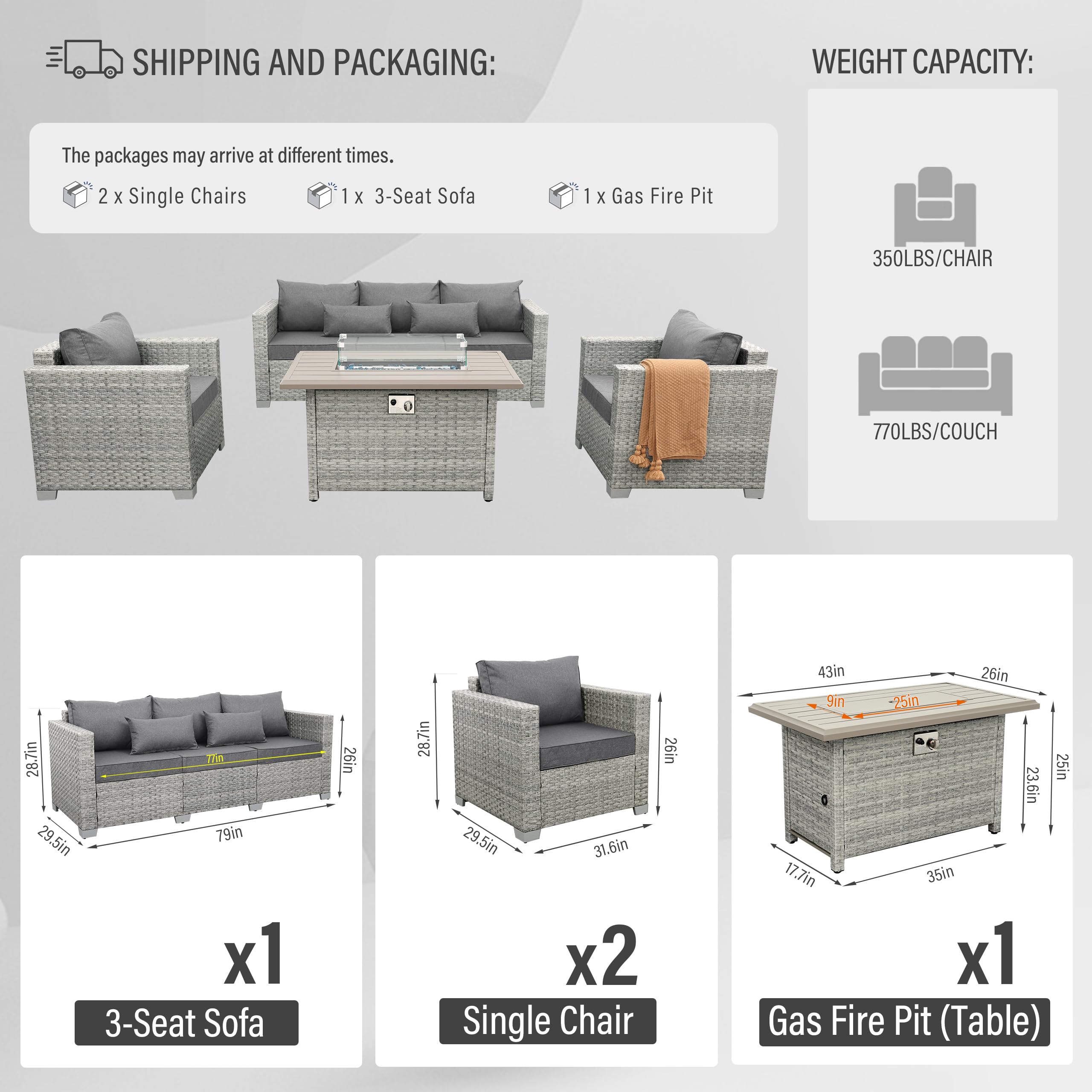 WAROOM Outdoor Patio Furniture Set 4 Piece Wicker Furniture Patio Conversation Sets PE Rattan Patio Chairs Couch Sectional Sofa with Fire Pit Table, Grey Cushion