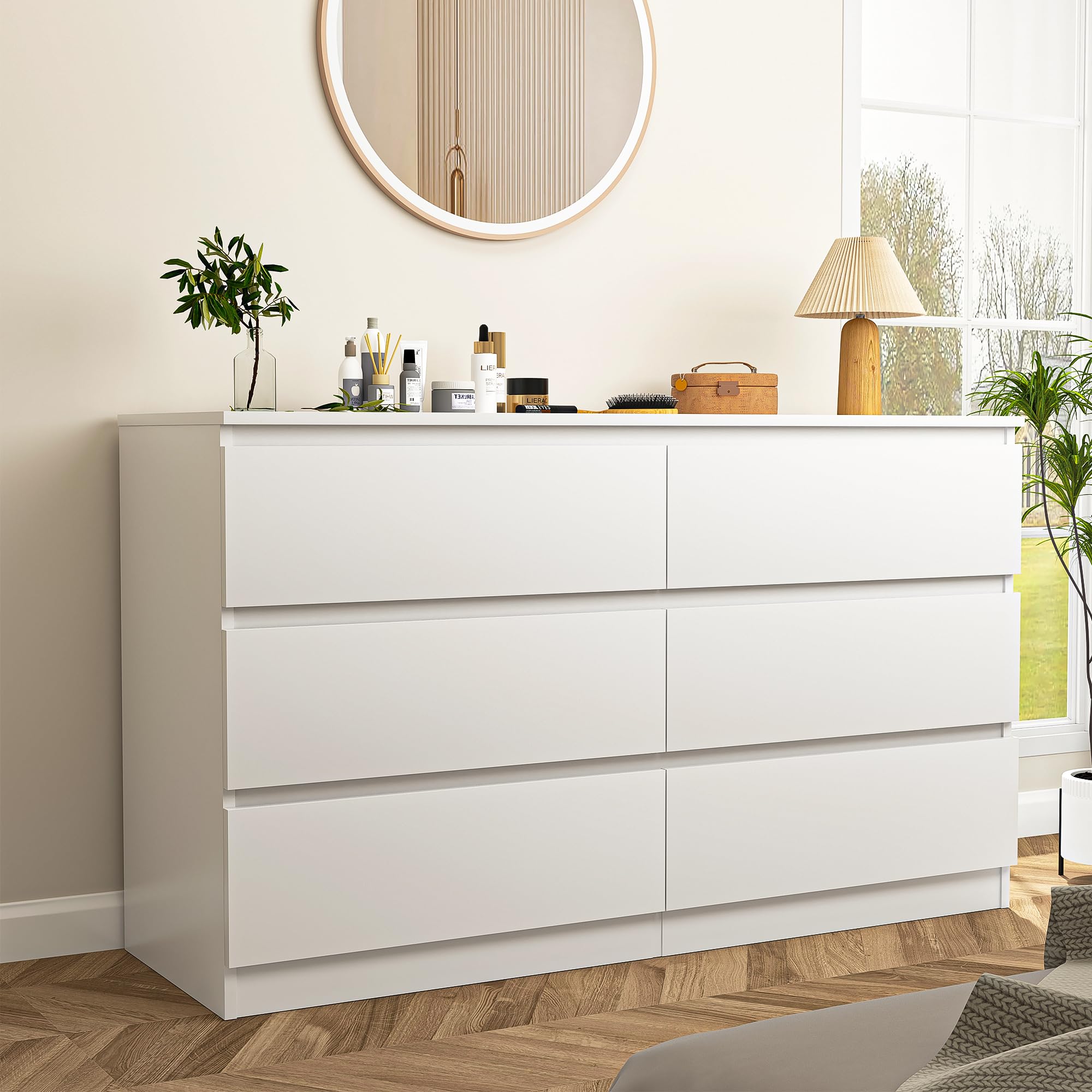 Vibe & Dine White Dresser 6 Drawer, Modern Double Dresser for Bedroom, Wood Chest of Drawers with Wide Storage for Living Room