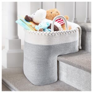 puricon stair basket, cotton rope staircase basket for carpeted and wooden stairs, foldable stair step storage basket collapsible stair organizer with handle -greywhite