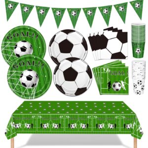 soccer party decorations 98pcs soccer birthday party decorations suppiles set include dinner plates, dessert plates, napkins, cups, banner and tablecloth soccer theme party favors kit